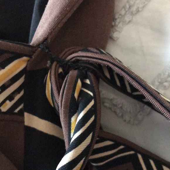 BCBGMaxAzria flower pattern brown/black/yellow wrap top. - Picture 3 of 9